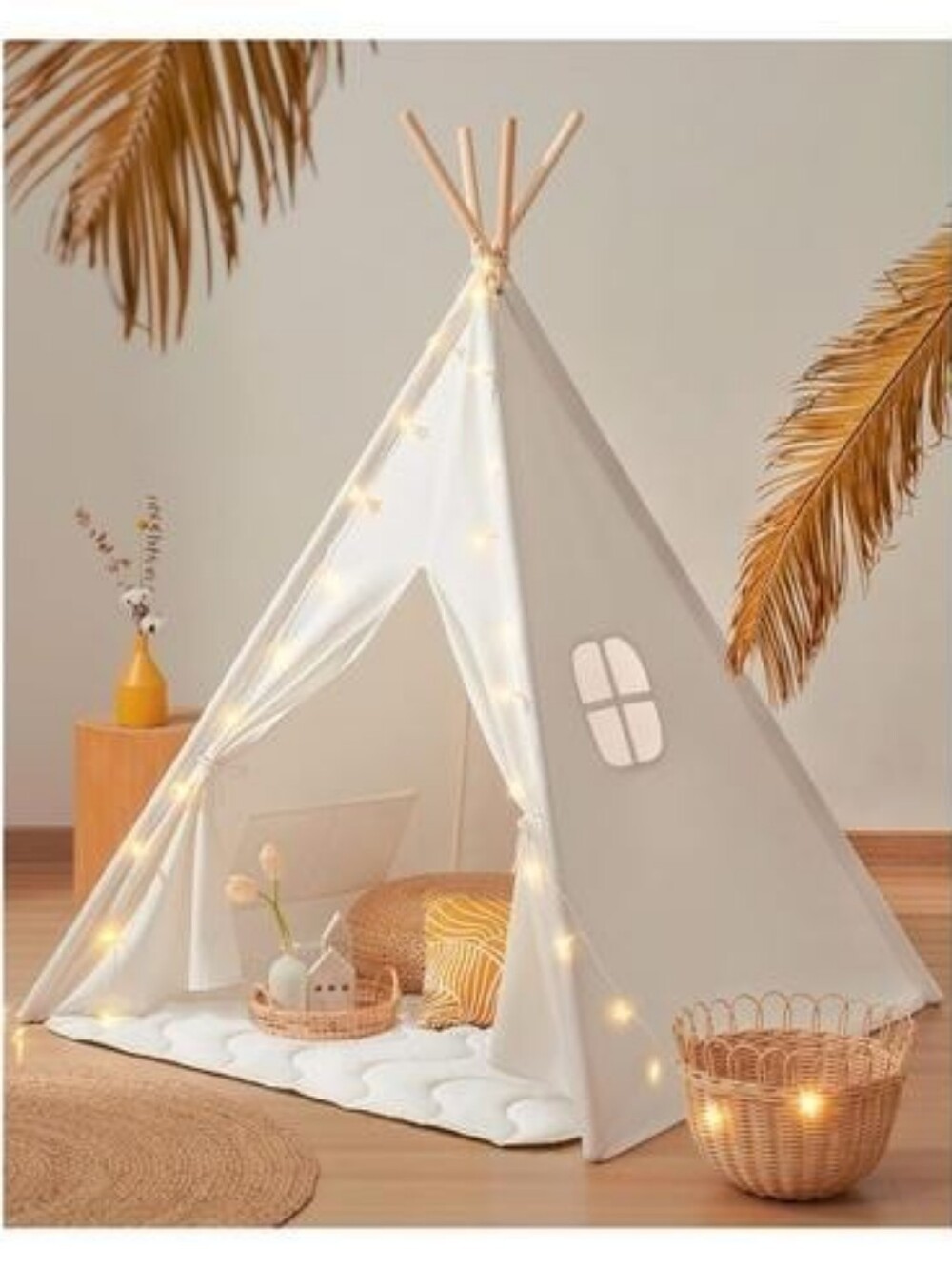Children's Beige Play Teepee Tent with Fairy Lights